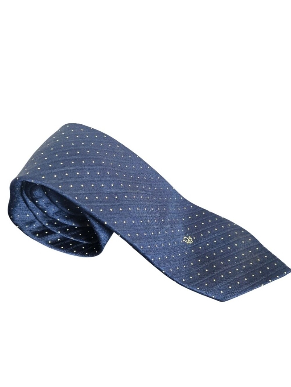 Vintage Christian Dior Navy Gold Micro-Dot Silk Blend Tie with Embroidered Logo